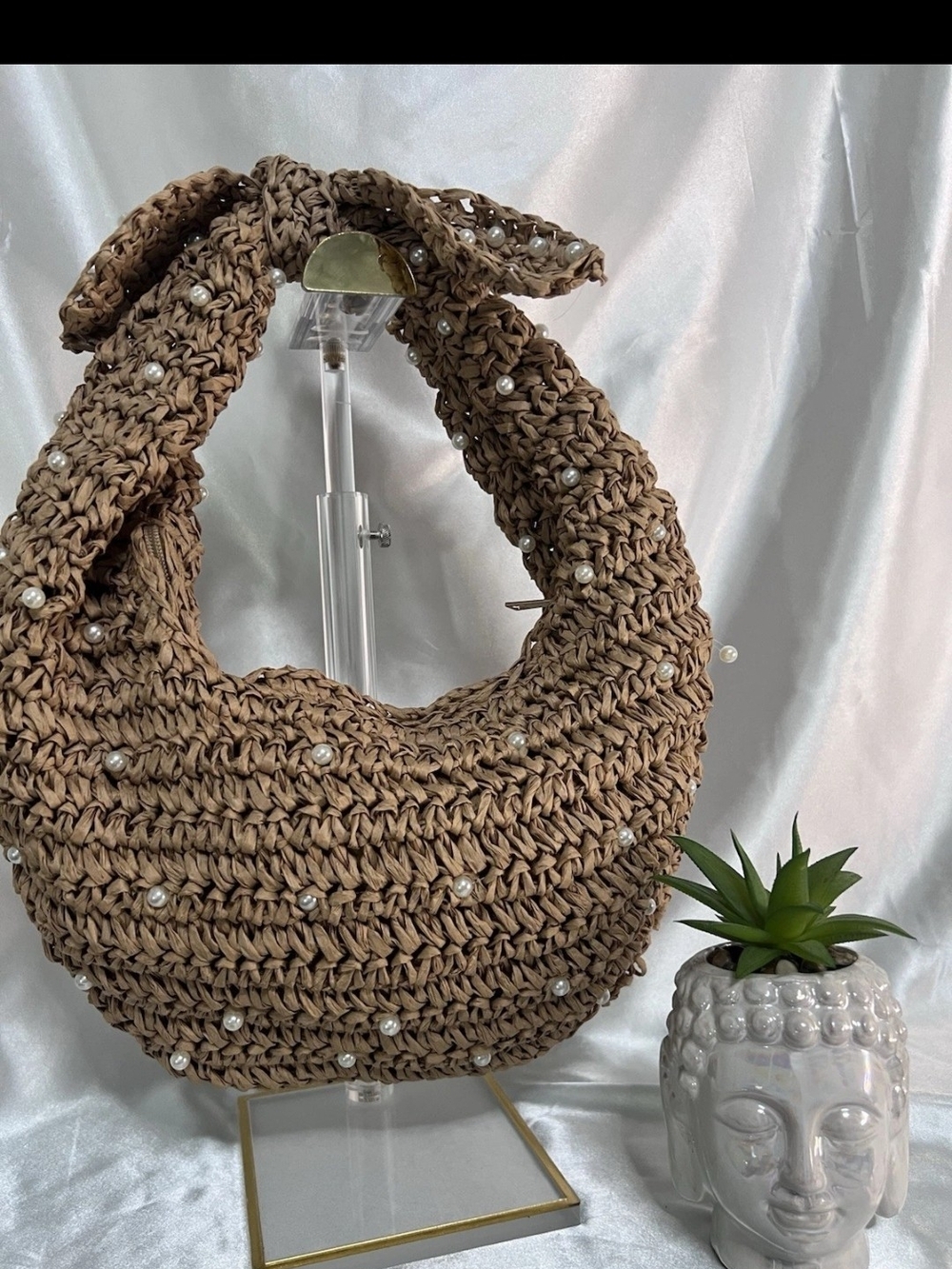 Haute Hippie Pearl-Embellished Woven Straw Tote Bag - Brown Viral Hobo Bag New - Picture 3 of 11